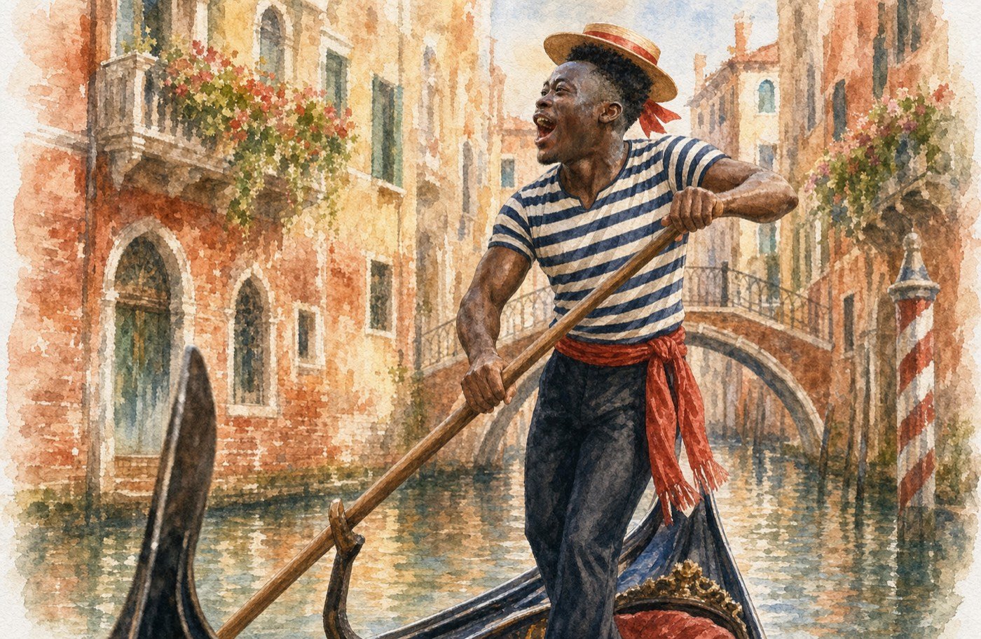 Akor Adams representado como gondolero en Venecia