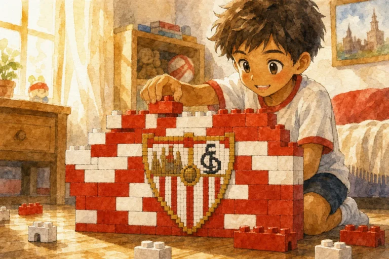 Niño construyendo un muro con bloques rojiblancos y el escudo del Sevilla FC integrado