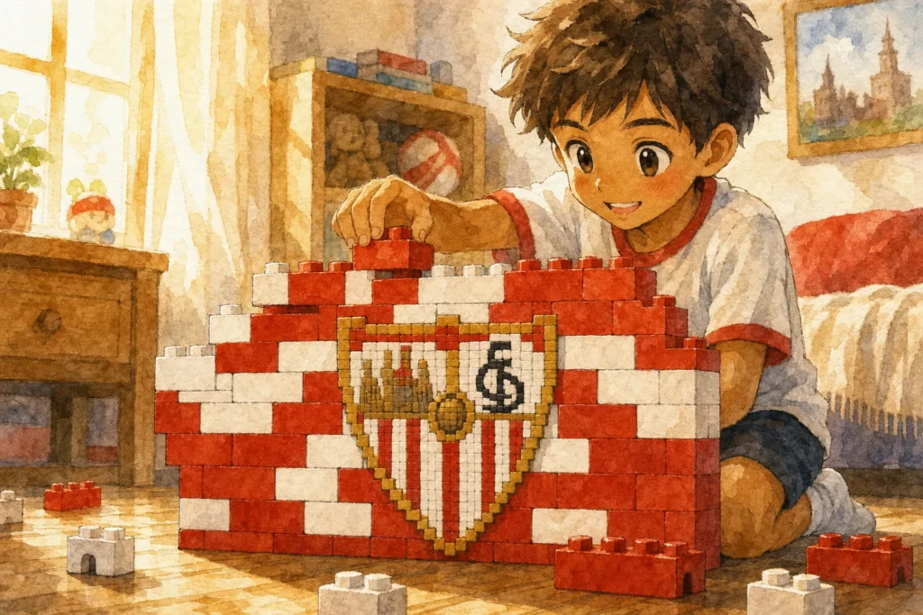 Un niño construye un muro de juguete con el escudo del Sevilla FC.