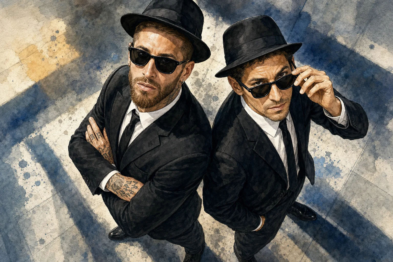 Sergio Ramos y Jesús Navas vestidos como los Blues Brothers.