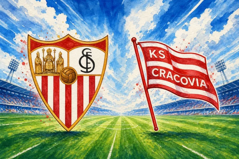 Ilustración en acuarela del Sevilla FC frente al KS Cracovia en un estadio
