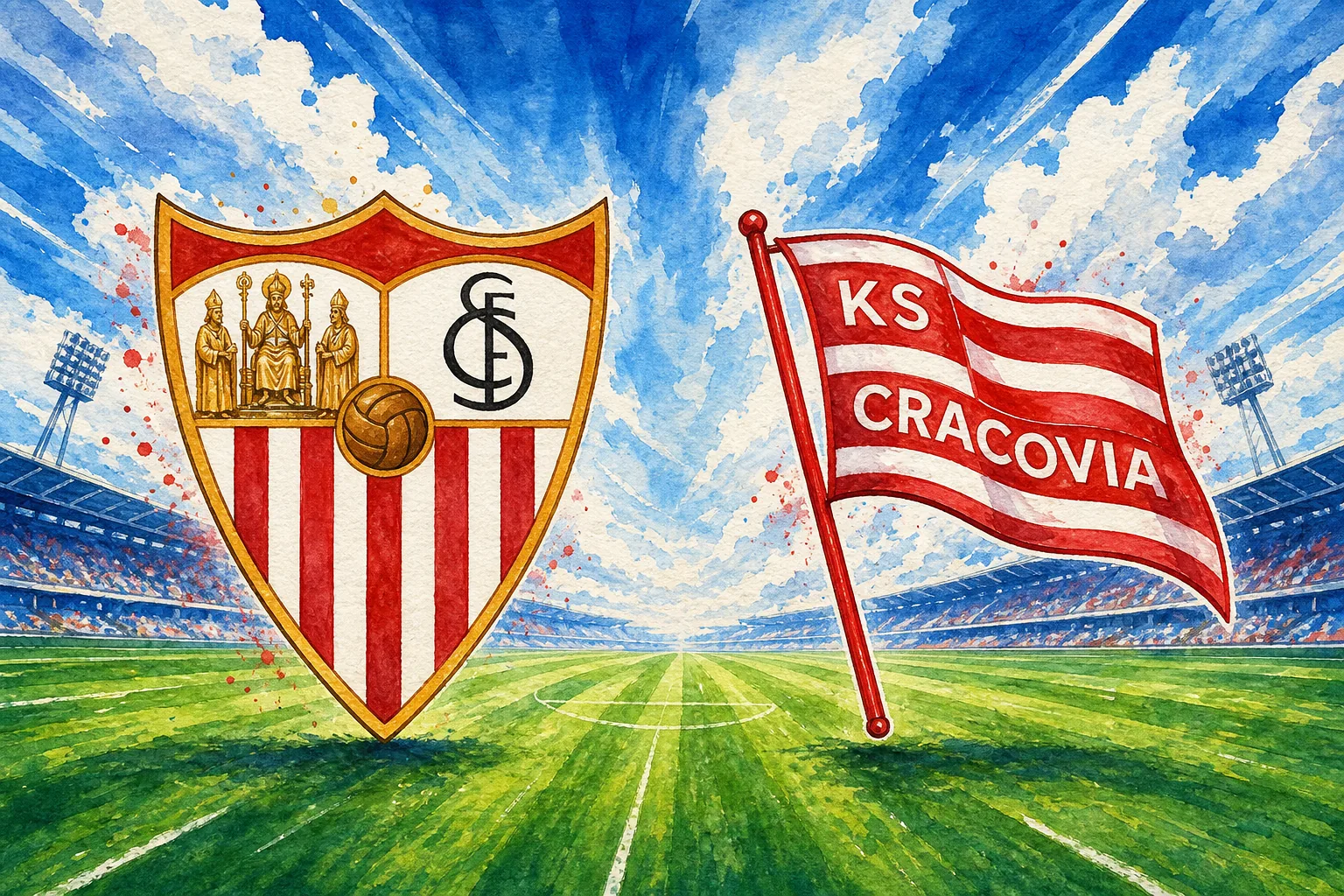 Ilustración en acuarela del Sevilla FC frente al KS Cracovia en un estadio