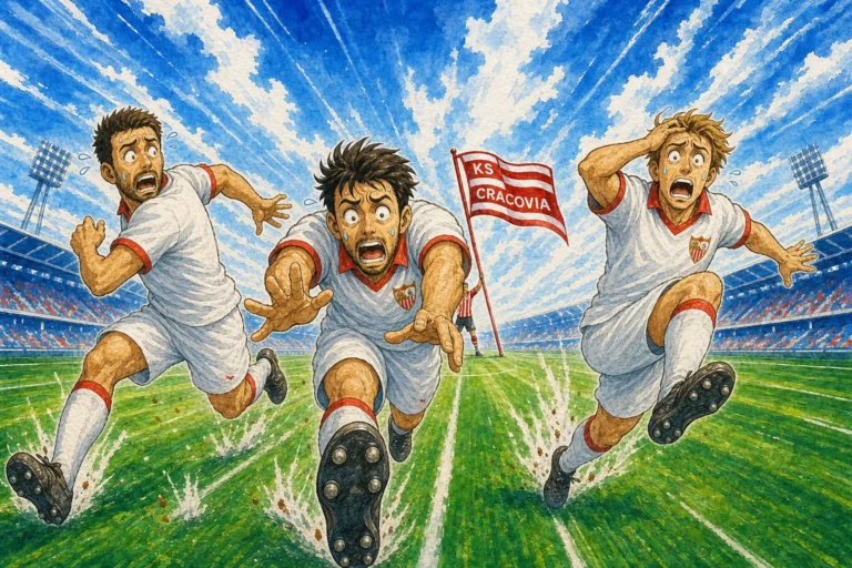 Jugadores del Sevilla tras la derrota ante el KS Cracovia.