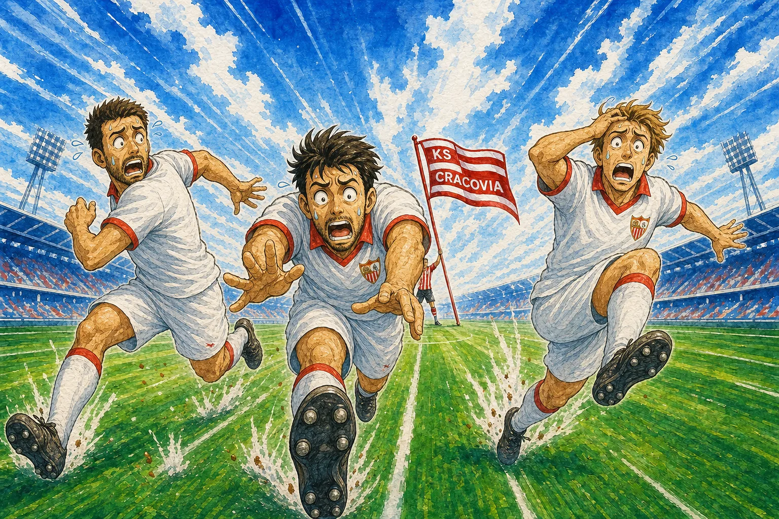 Jugadores del Sevilla tras la derrota ante el KS Cracovia.